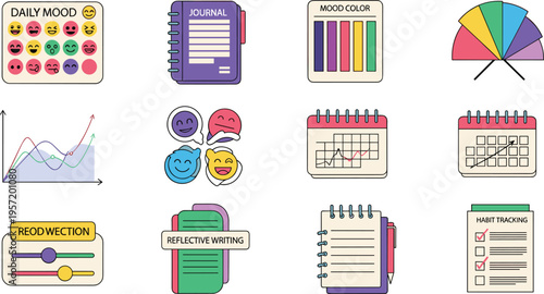 Daily mood tracker and mental health journal icon set