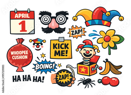 April Fools Day pranks and joke objects creating a fun atmosphere, depicting humor, celebration, and trickery