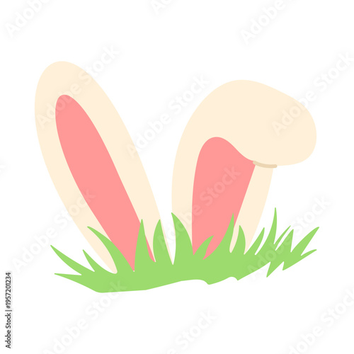 Soft bunny ears peek from green grass. Pink inner lining adds gentle charm. Simple design suits spring themes. Perfect for Easter or children's projects.