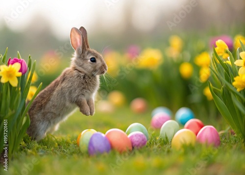 “Cute bunny with decorated Easter eggs in blooming spring flowers, bright daylight, shallow depth of field, 4K, ultra detailed”