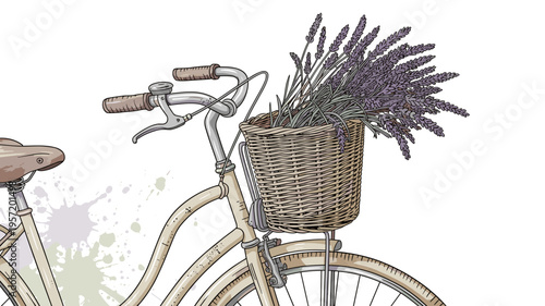 Vintage shabby chic bicycle with lavender basket - Ideal for spring greeting cards, cottagecore decor, or romantic event branding.