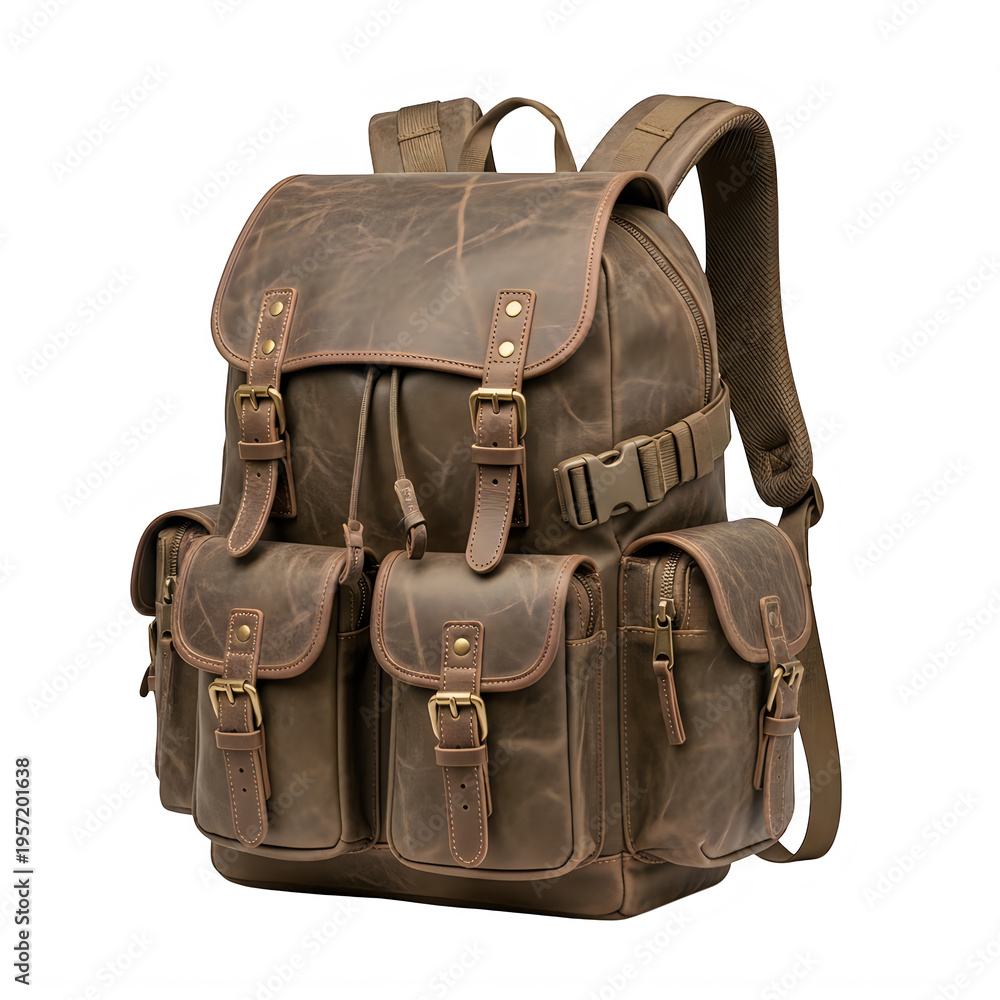 Naklejka premium A brown leather backpack with multiple pockets isolated on transparent background