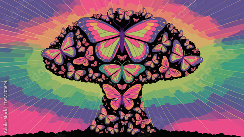 Vibrant butterfly cloud in atomic explosion shape - Perfect for peace campaigns, transformation themes, or colorful digital backgrounds.
