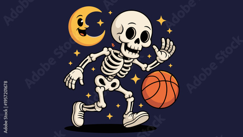 Whimsical skeleton athlete with smiling moon - Suitable for family-friendly Halloween content, fitness motivation, or comic art.