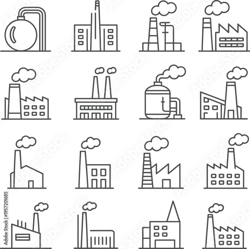 Industrial factory line icons set featuring manufacturing plants chimneys refineries power stations energy production facilities minimal outline collection