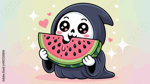Kawaii grim reaper eating watermelon slice – Ideal for quirky summer branding, cute stationery, or humorous lifestyle content.