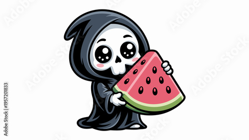 Cute vector reaper with oversized fruit – Suitable for summer event invitations, cheerful merchandise, or pop art decor.