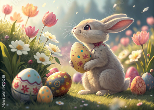 “Cute bunny with decorated Easter eggs in blooming spring flowers, bright daylight, shallow depth of field, 4K, ultra detailed”
