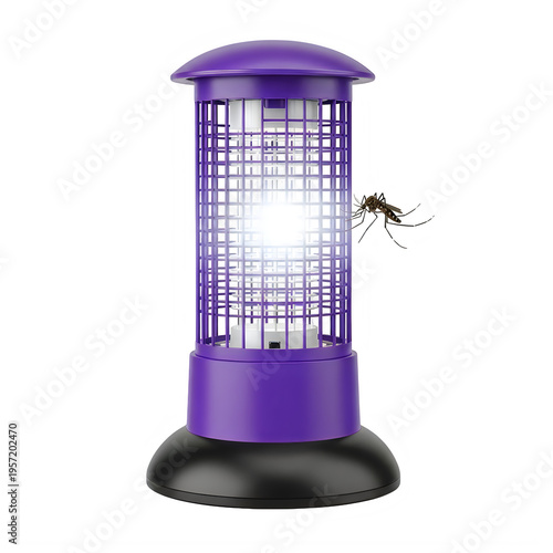 A purple bug zapper with a fly near it isolated on transparent background
