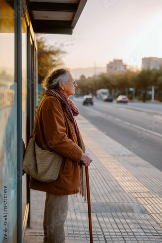 A woman in a brown coat and scarf stands on a sidewalk next to a bus stop