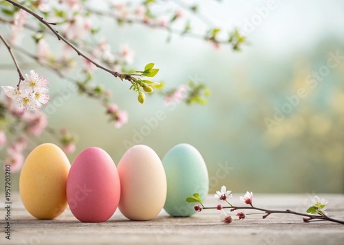 “Colorful Easter eggs in pastel tones on soft background, minimal composition, natural light, 4K, high resolution, copy space”
