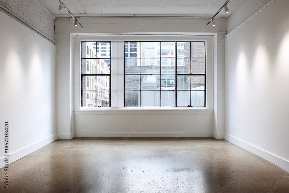 Fototapeta premium Bright Empty Gallery Space with Large Window Overlooking City, Ideal for Art Exhibition or Presentation