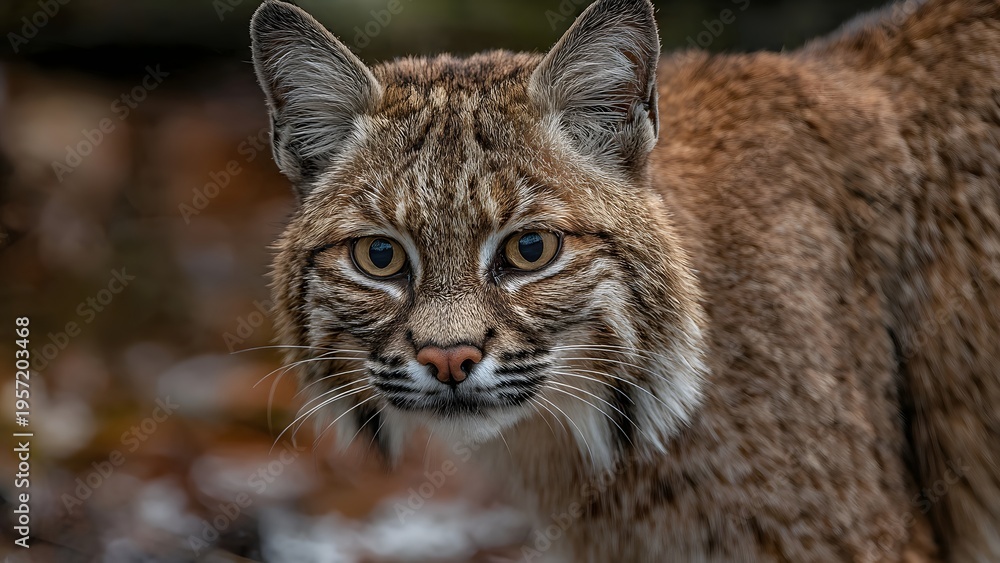 Obraz premium Close-up portrait of a wild bobcat with striking eyes in a natural forest setting.