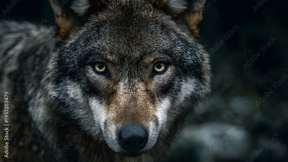 Fototapeta premium Close-up portrait of a majestic wolf with piercing yellow eyes in a dark forest.