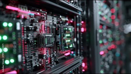 Close-up of illuminated circuit boards with pink and green LED lights