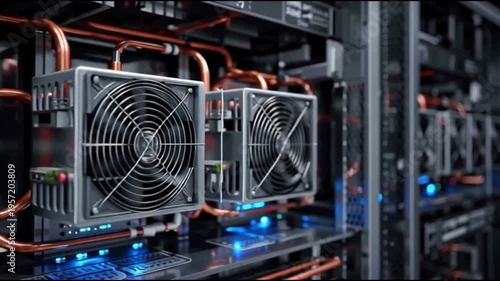 Close-up of cryptocurrency mining rigs with cooling fans and copper pipes