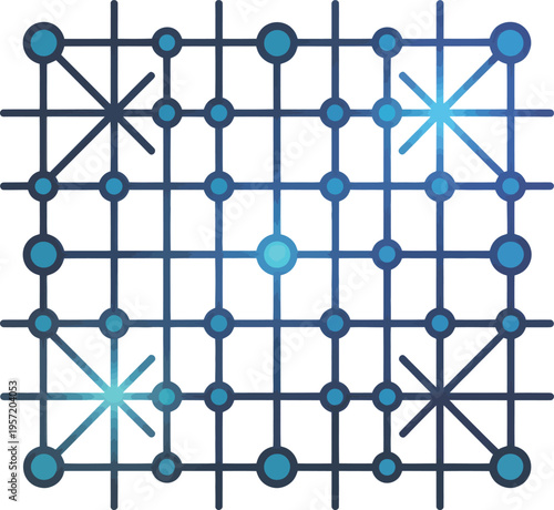 Abstract Grid Network Connections with Luminous Nodes and Geometric Patterns
