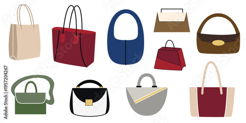 Set of womens bags. Ladies' fashion accessory. Small clutch, shopper, everyday bag group. Leather stylish colorful items for carrying. Vector graphics
