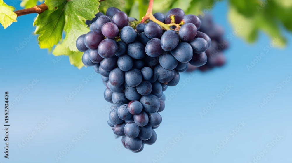Fototapeta premium Close-up of fresh ripe grapes on a vine against blue background, viticulture concept