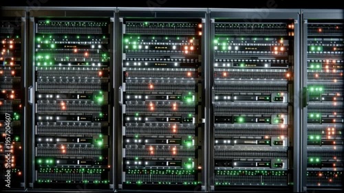 Vintage mainframe computer with illuminated circuit panels and blinking lights