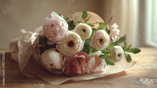 Elegant Bouquet of Peonies and Ranunculus on a Wooden Table With Natural Light Shining Through a Window in a Simple Setting