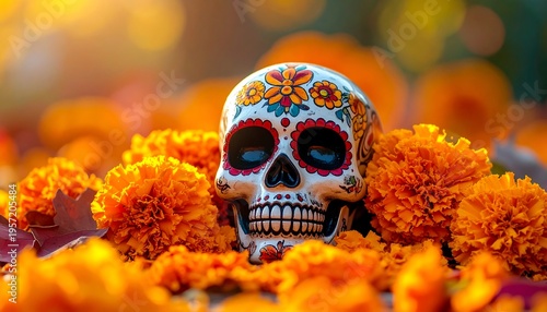 Decorated Sugar Skull Surrounded by Vibrant Marigold Flowers.