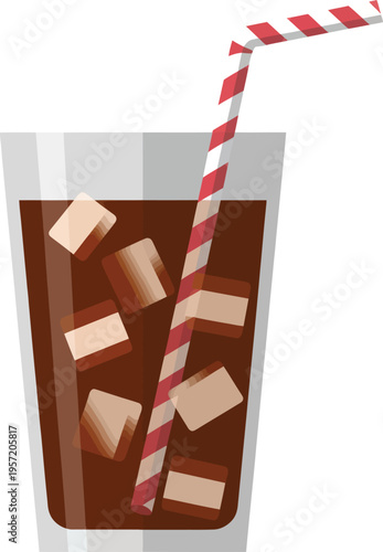 Brown Soda Drink with Ice Cubes and Striped Straw in Tall Glass Refreshing Beverage Vector Illustration