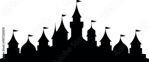 Silhouette medieval castle at night with towers flags and dark sky vector illustration isolated