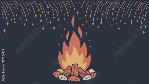 Flat design campfire with golden falling stars – Ideal for travel app interfaces, wilderness postcards, or summer camp promotions.