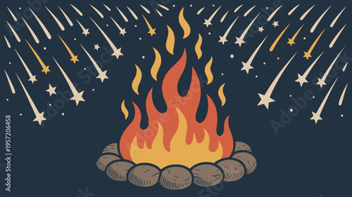 Cozy vector campfire with glowing embers and shooting stars – Great for national park brochures, storytelling illustrations, or autumn themes.