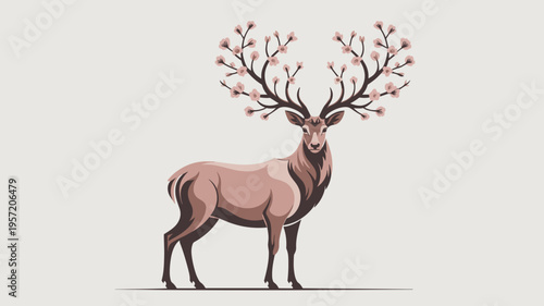 Minimalist vector deer with cherry blossom crown – Suitable for modern graphic design, boutique branding, or sophisticated home decor.