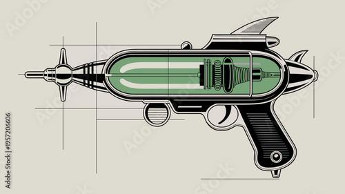Blueprint of mid-century atomic ray gun – Perfect for retro-futurism posters, tech manual aesthetics, or steampunk design elements.