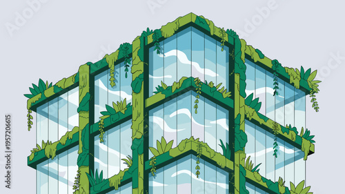 Modern glass office building with vertical gardens – Ideal for sustainable architecture articles, eco-friendly business, or urban tech.