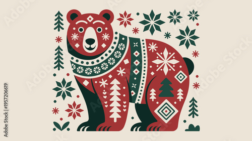 Scandinavian folk art bear in red and green – Great for heritage-themed illustrations, Christmas ornaments, or folk story graphics.