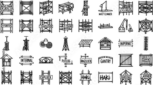 Hand-drawn vector icons set of various scaffolding systems, construction frames, and building structures for industrial and architectural design projects.