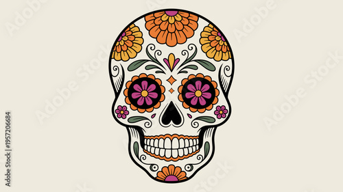 Decorative sugar skull with orange marigold designs – Great for ethnic art collections, festival flyers, or greeting cards.