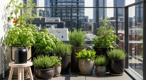 Herb garden on balcony with bright sunlight and urban background
