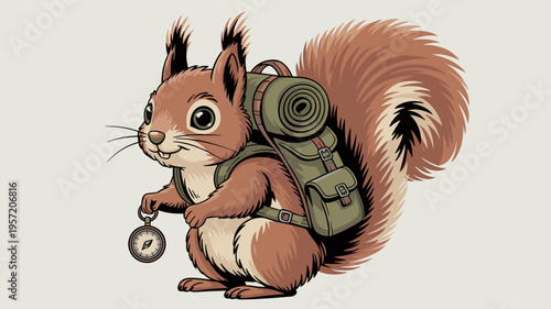 Whimsical vector squirrel with adventurer backpack – Ideal for children's book illustrations, forest adventure branding, or nursery wall art.