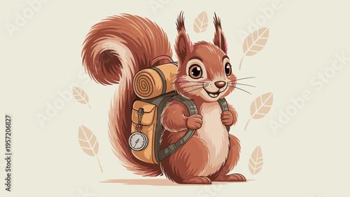 Adorable squirrel traveler with tiny leather backpack – Perfect for outdoor youth programs, woodland storybooks, or scouting promotions.