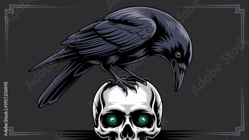 Minimalist crow and silver skull with emerald accents – Suitable for modern macabre home decor, mystery gaming assets, or symbolic art.