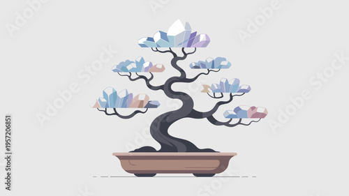 Minimalist bonsai tree with glowing crystal leaves – Ideal for zen meditation apps, futuristic interior design, or luxury wellness tech.