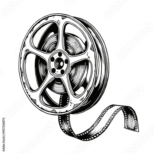 Film reel with strip in vintage style for cinema production design