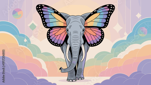 Surreal elephant with colorful butterfly wing ears – Ideal for creative agency branding, dream-themed campaigns, or whimsical wall art.