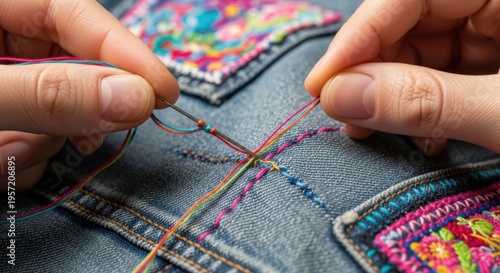 Hands working on colorful embroidery on denim fabric, cozy atmosphere, close-up
