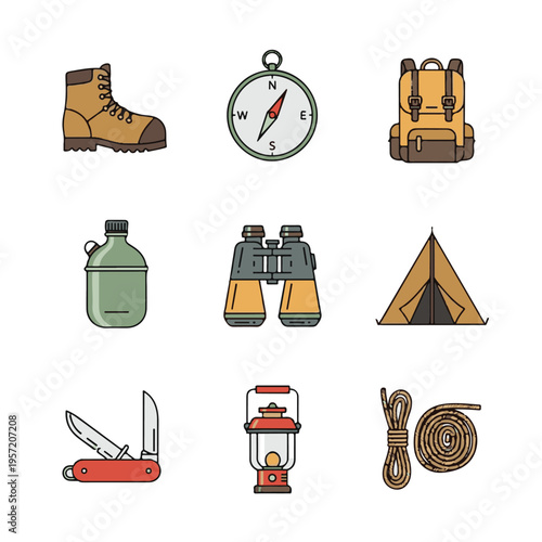 Collection of nine colorful flat design icons representing essential camping and hiking gear and outdoor adventure equipment on a white background.
