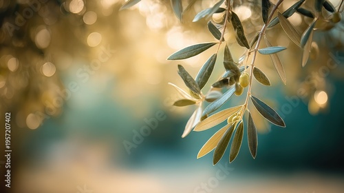 Olive Branch with Green Olives, Selective Focus, Golden Light, Ideal for Mediterranean, Wellness, and Nature Projects