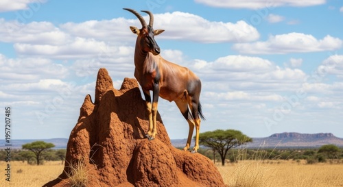 Antelope standing on a termite mound in a sunny savannah landscape
