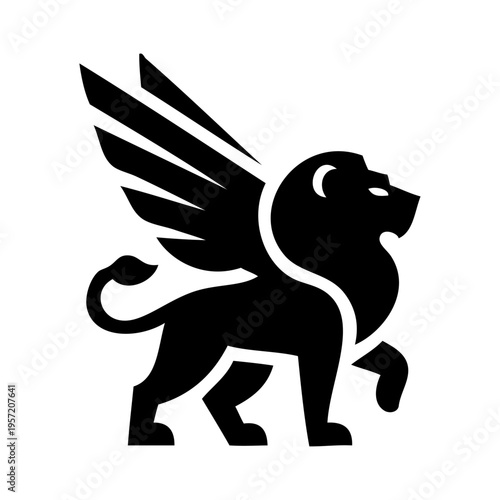 Logotipo con dibujo sencillo de la silueta de un león heráldico con alas