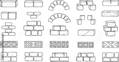 Hand-drawn set of stone and brick building elements, architectural blocks, arches, and decorative patterns in a sketch style, perfect for game assets or design