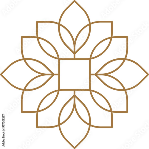 Elegant golden line art flower logo and geometric linear decorative element. Modern abstract minimalist floral design.